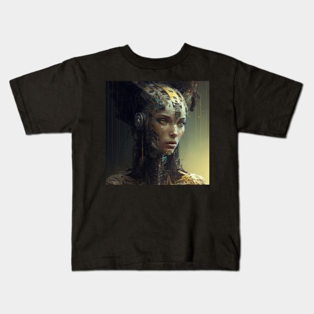 Cyberpunk Sentient AI Female, Green Eyes Kids T-Shirt by AICreateWorlds